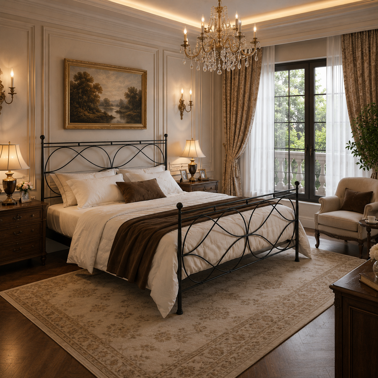 Black Metal Loopwork Bed with White Bedding 3D Model 4