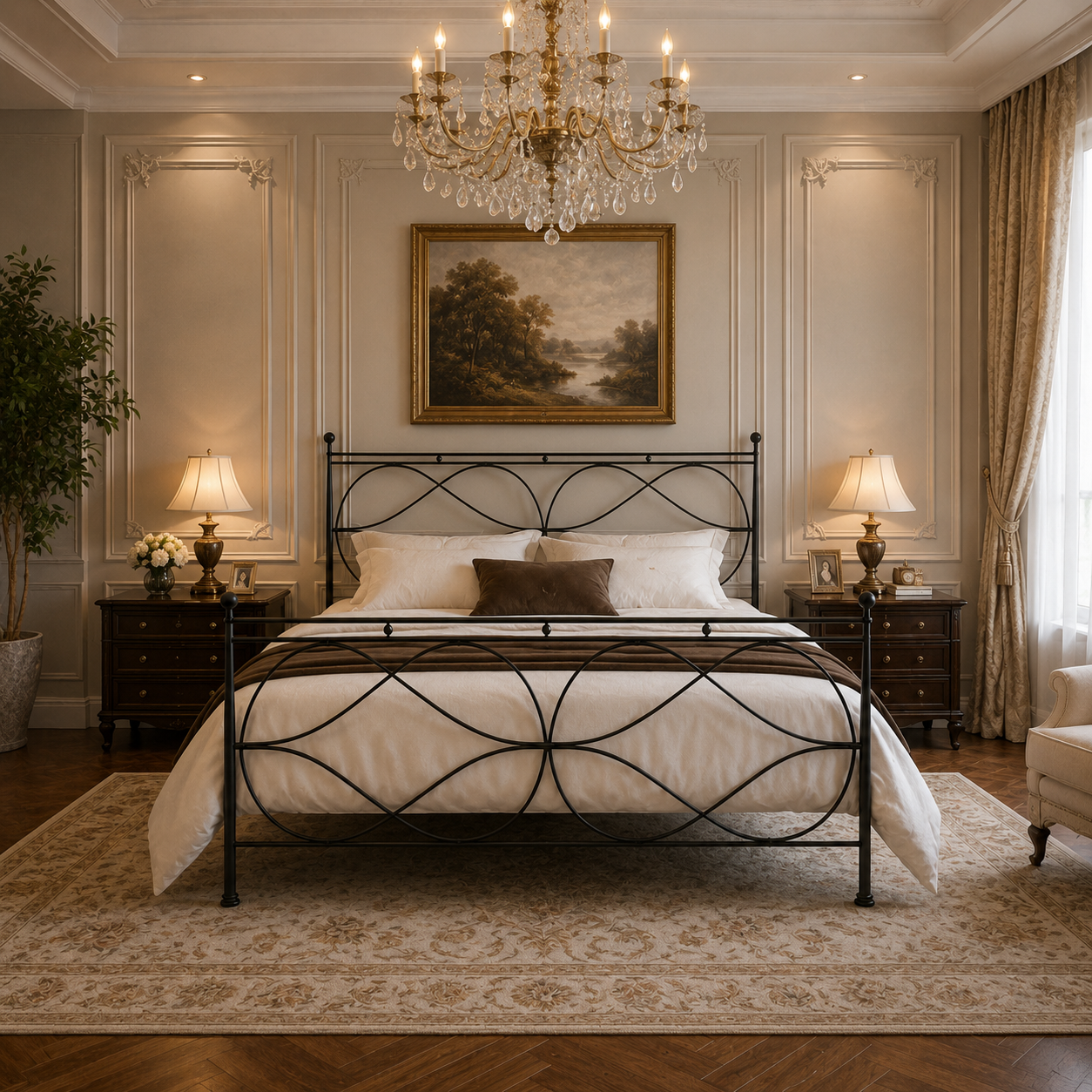 Black Metal Loopwork Bed with White Bedding 3D Model 2