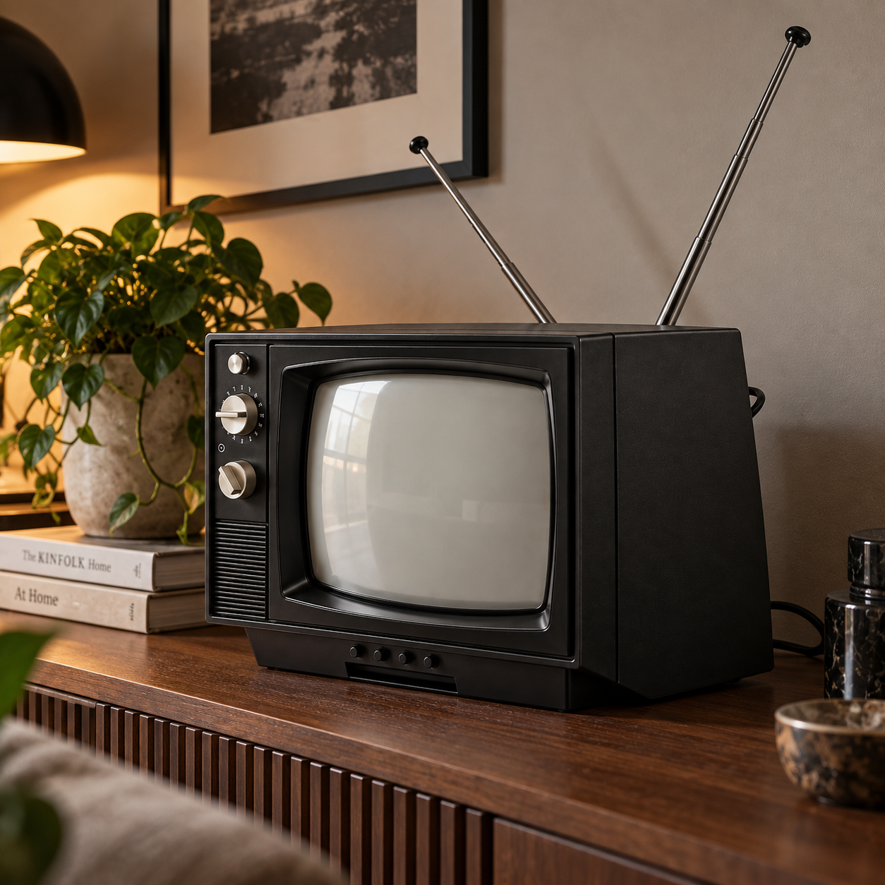 Black Retro CRT TV with Twin Antennas 3D Model 4