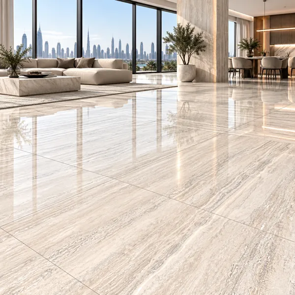 Warm Ivory Linear Travertine Effect Ceramic Texture back
