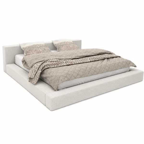 Ivory Upholstered Low Platform Bed 3D Model