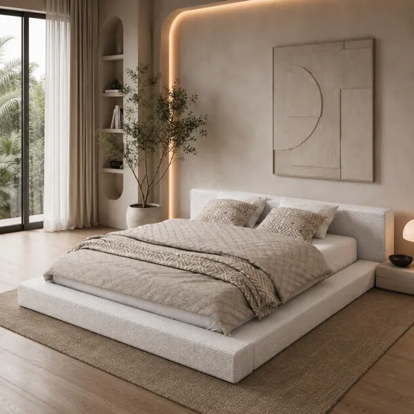Ivory Upholstered Low Platform Bed 3D Model back