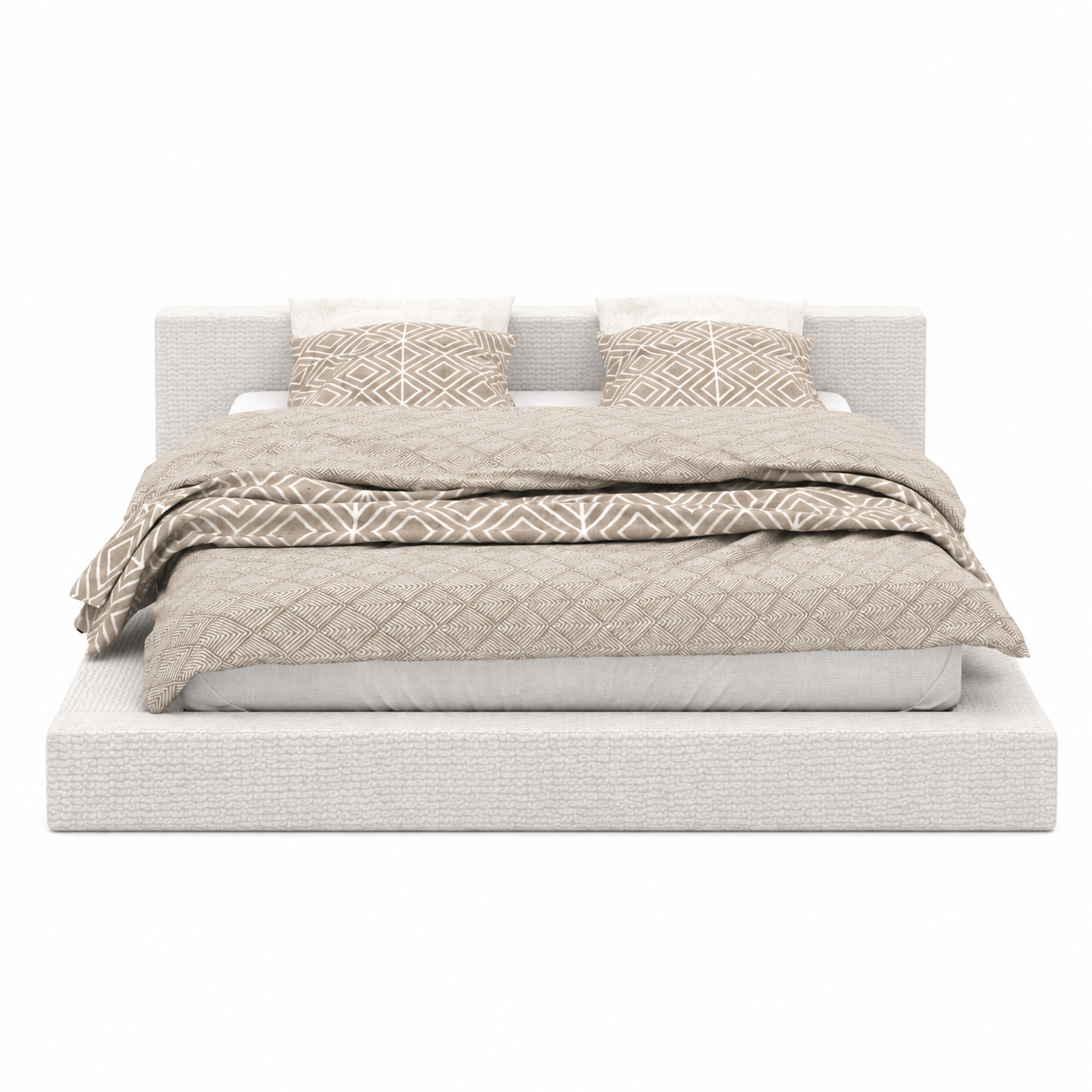Ivory Upholstered Low Platform Bed 3D Model 3