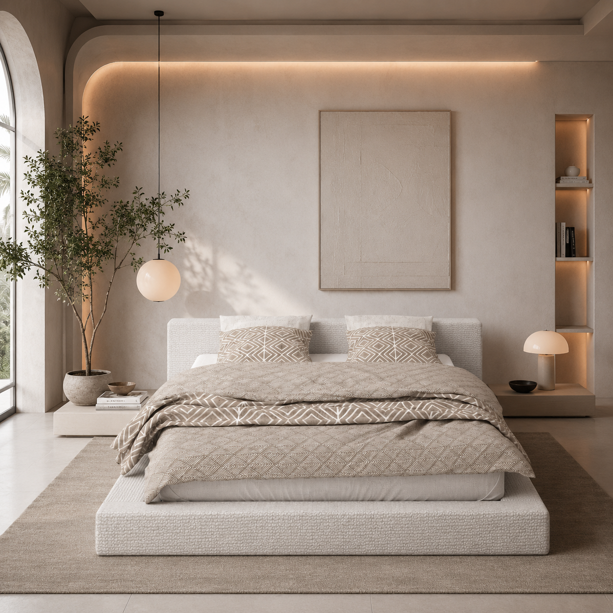 Ivory Upholstered Low Platform Bed 3D Model 4