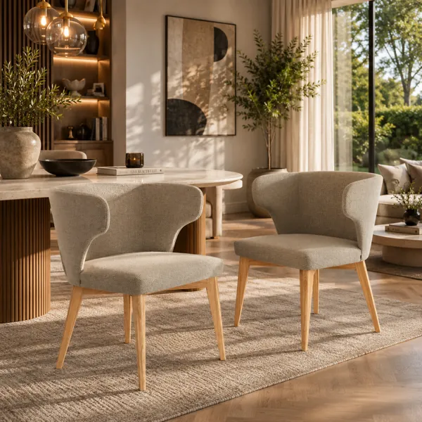 Beige Wingback Fabric Chair with Light Wood Legs 3D Model back