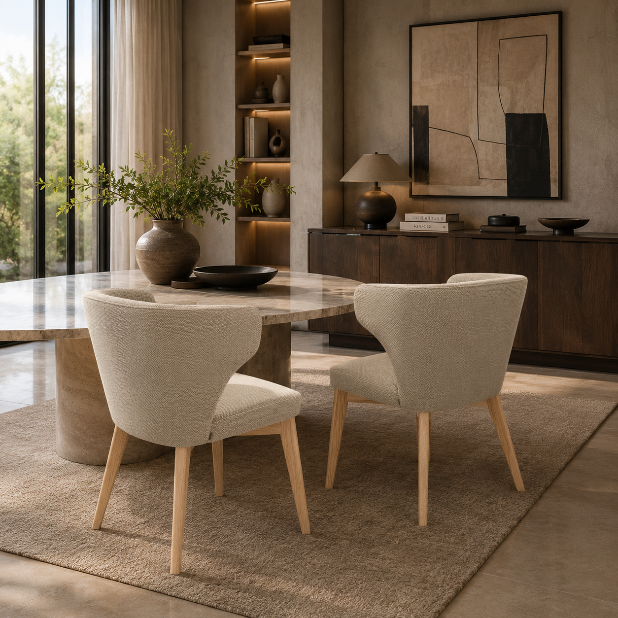 Beige Wingback Fabric Chair with Light Wood Legs 3D Model 4