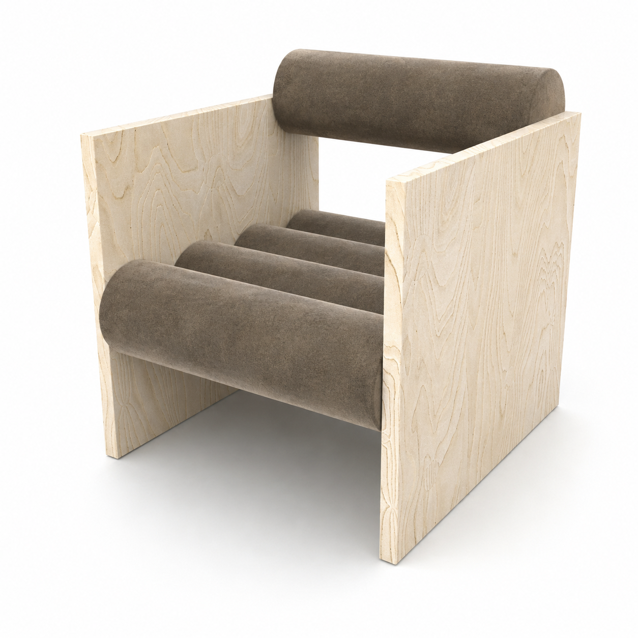 Pale Wood Armchair – Taupe Cylindrical Upholstery 3D Model 3