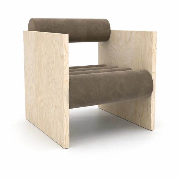Pale Wood Armchair – Taupe Cylindrical Upholstery 3D Model