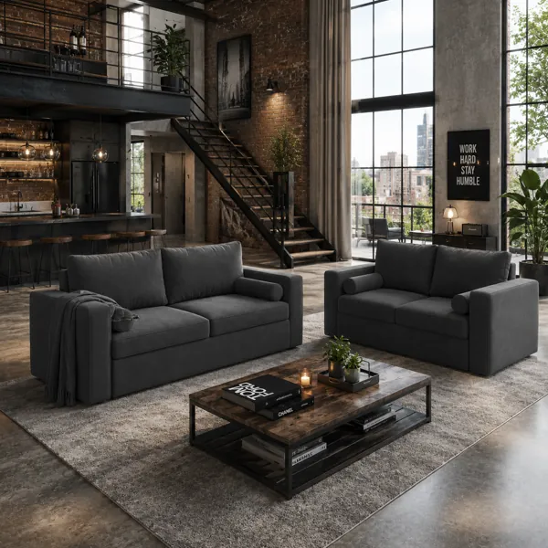 Charcoal Two-Seat Sofa with Bolster Cushions 3D Model back