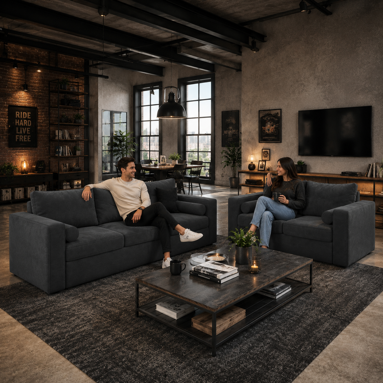 Charcoal Two-Seat Sofa with Bolster Cushions 3D Model 4