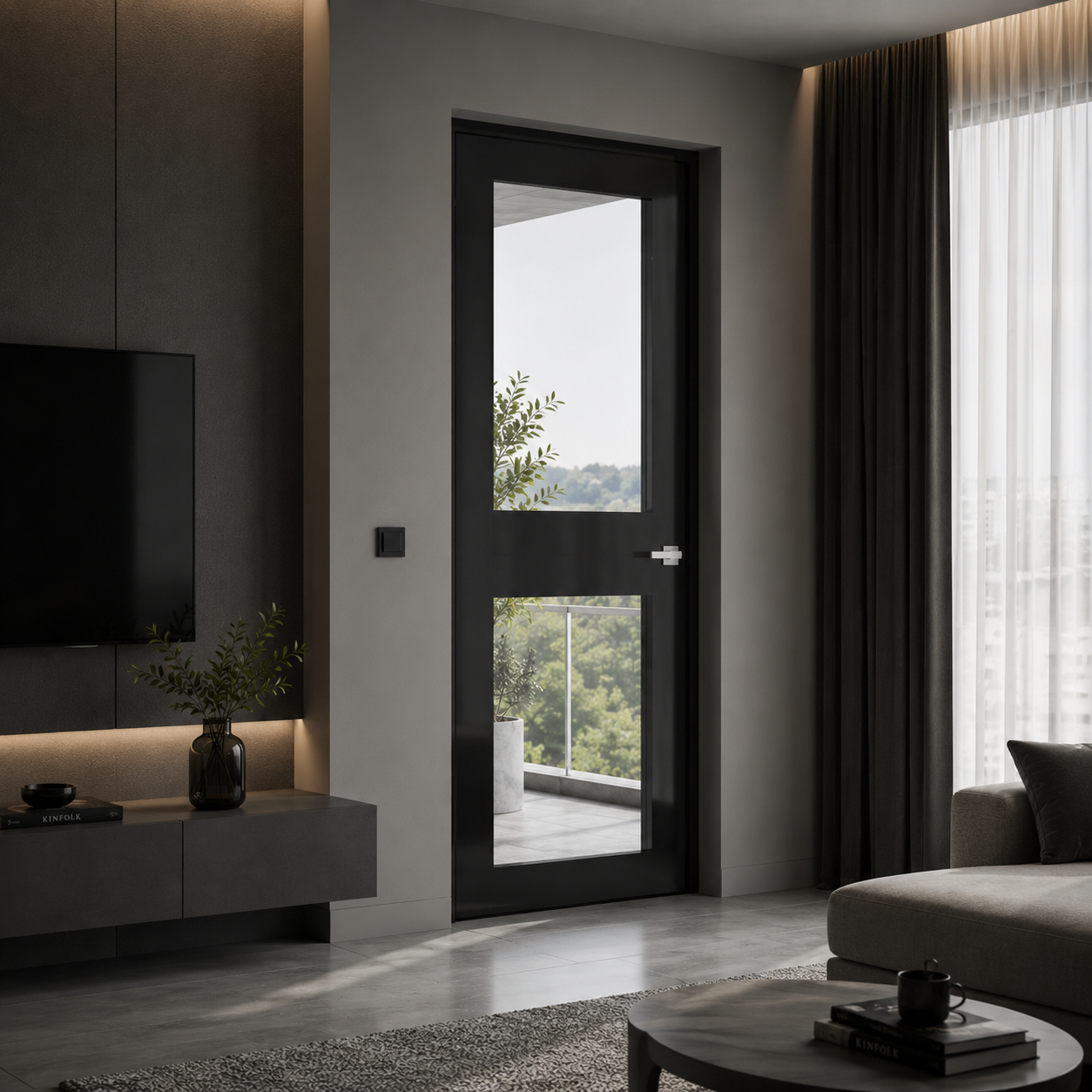 Modern Black Wood Door – Dual Frosted Gray Glass Panels 3D Model 2