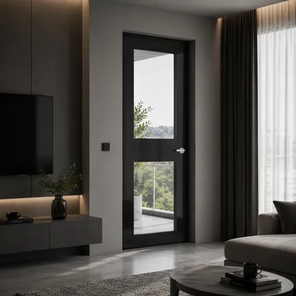 Modern Black Wood Door – Dual Frosted Gray Glass Panels 3D Model back