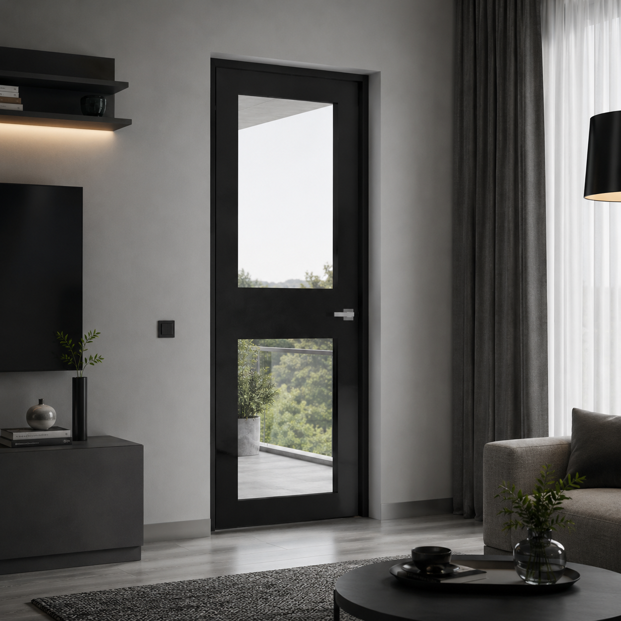 Modern Black Wood Door – Dual Frosted Gray Glass Panels 3D Model 3