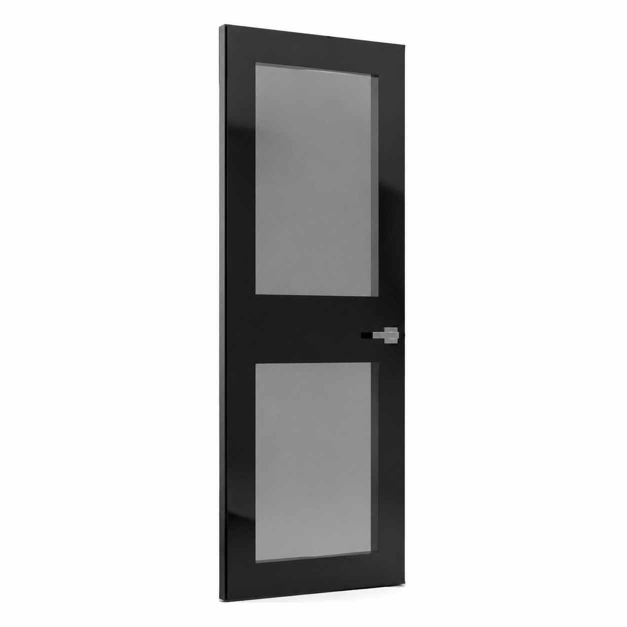 Modern Black Wood Door – Dual Frosted Gray Glass Panels 3D Model 1