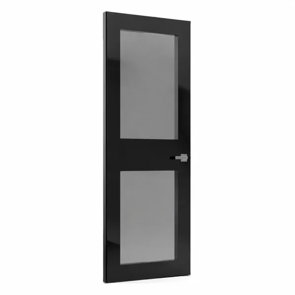 Modern Black Wood Door – Dual Frosted Gray Glass Panels 3D Model