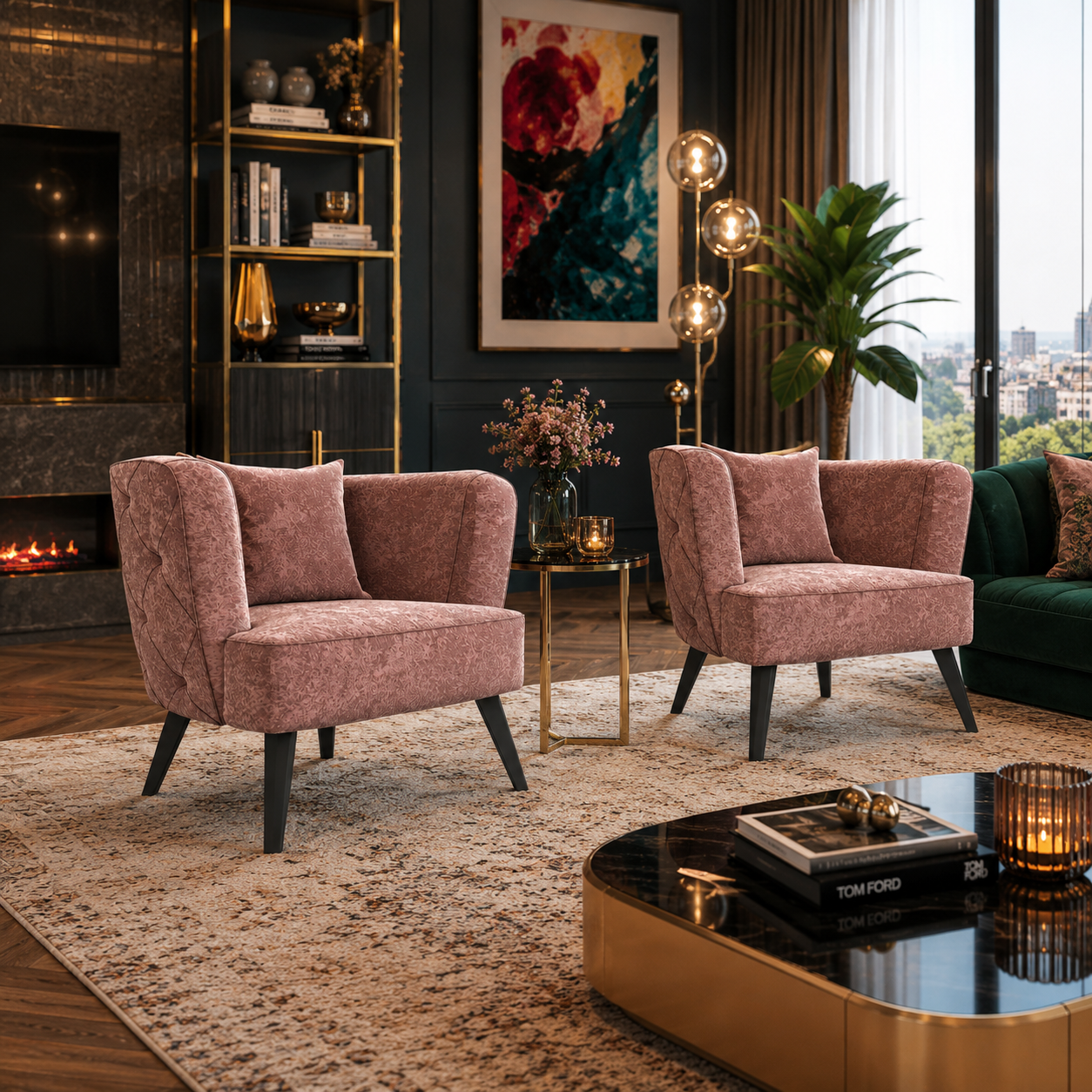 Dusty Rose Wingback Armchair with Quilted Sides 3D Model 4