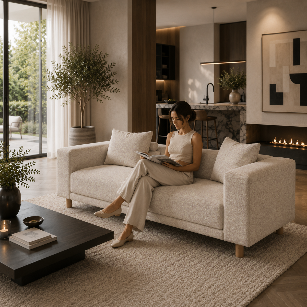 Modern Beige Fabric Sofa – Light Wood Cylinder Legs 3D Model 4