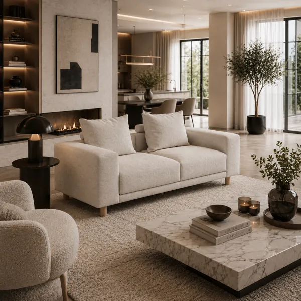Modern Beige Fabric Sofa – Light Wood Cylinder Legs 3D Model back