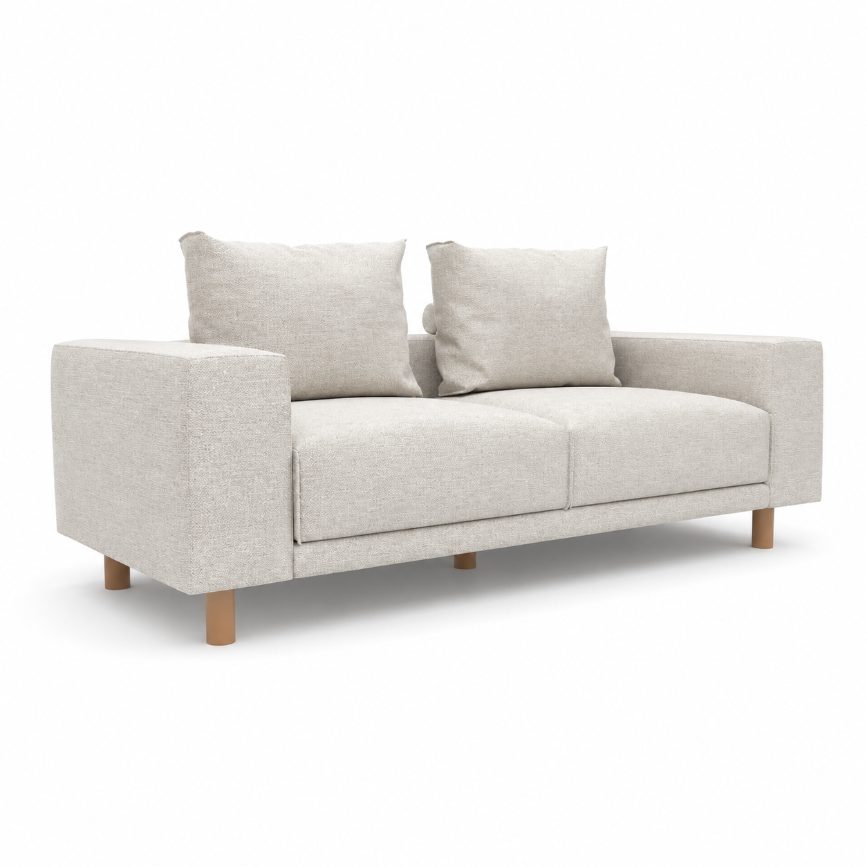Modern Beige Fabric Sofa – Light Wood Cylinder Legs 3D Model 1