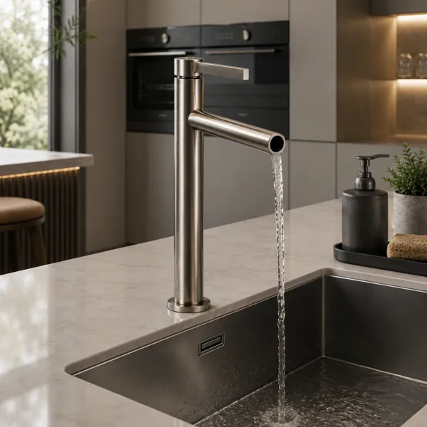 Brushed Stainless Cylindrical Kitchen Faucet 3D Model back