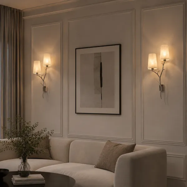 Silver Branch Wall Light – Twin Beige Fabric Shades 3D Model back