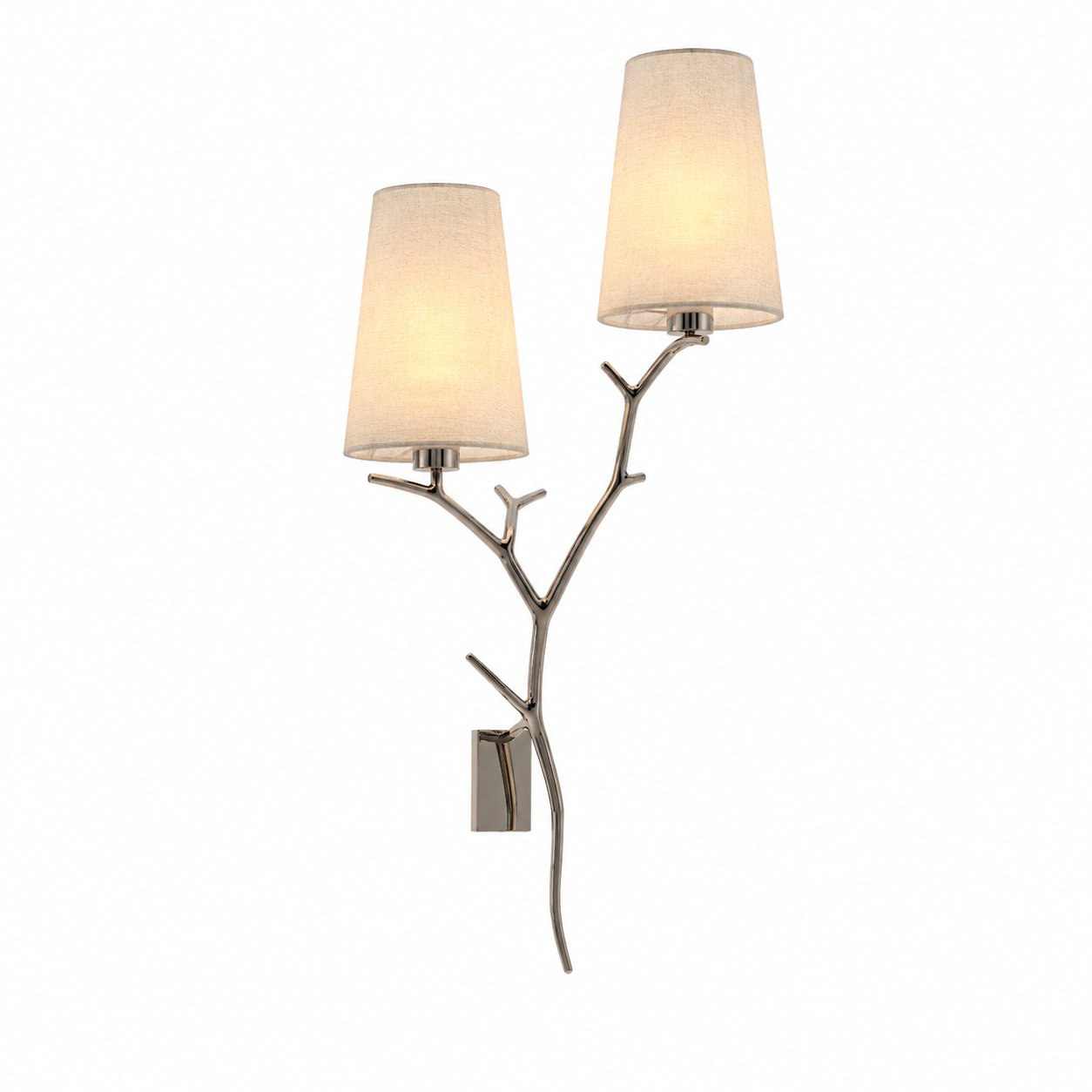 Silver Branch Wall Light – Twin Beige Fabric Shades 3D Model 1