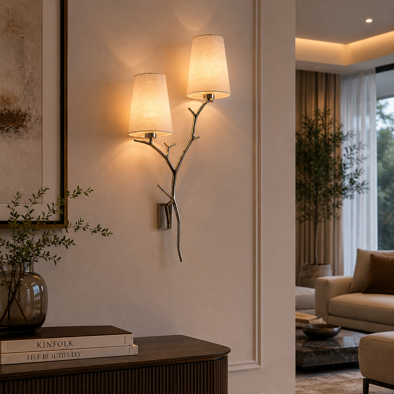 Silver Branch Wall Light – Twin Beige Fabric Shades 3D Model 3