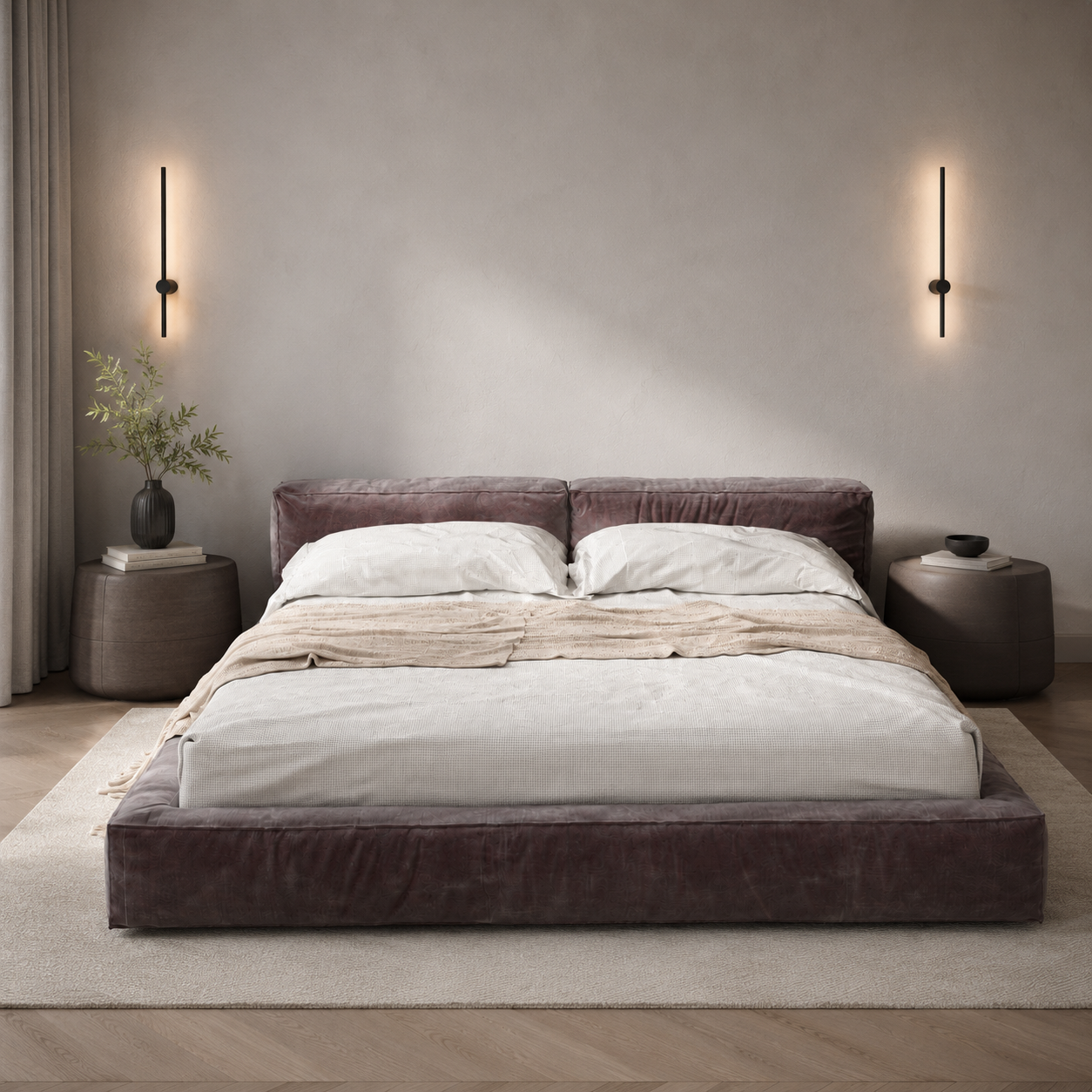 Muted Burgundy Fabric Bed with Split Cushion Headboard 3D Model 2