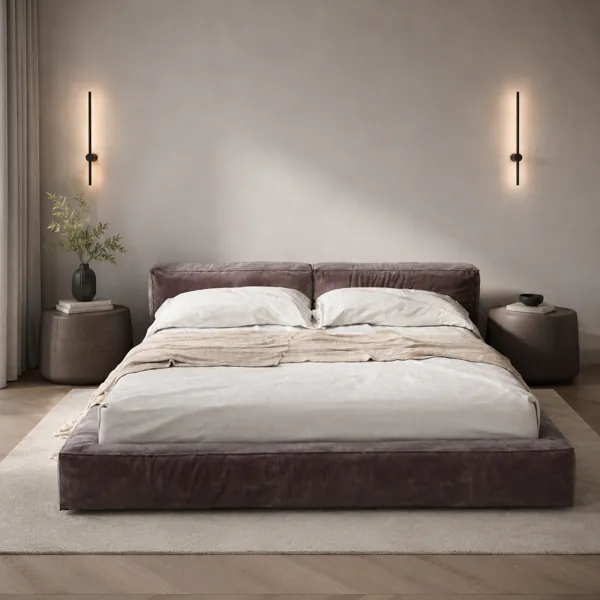 Muted Burgundy Fabric Bed with Split Cushion Headboard 3D Model back