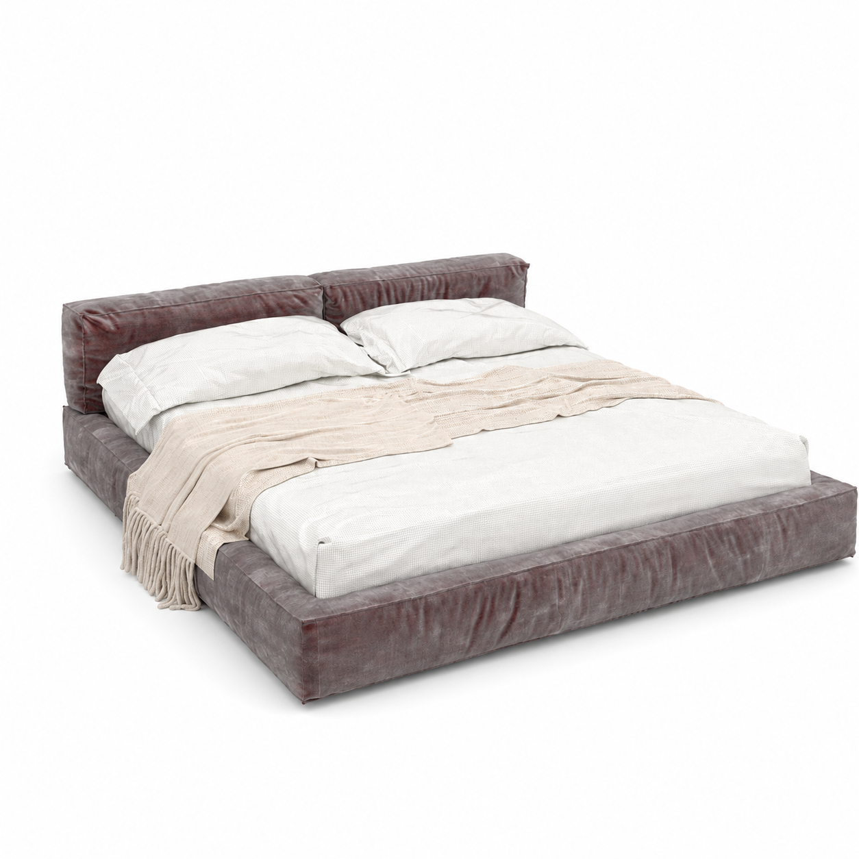 Muted Burgundy Fabric Bed with Split Cushion Headboard 3D Model