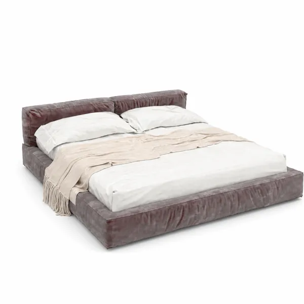 Muted Burgundy Fabric Bed with Split Cushion Headboard 3D Model