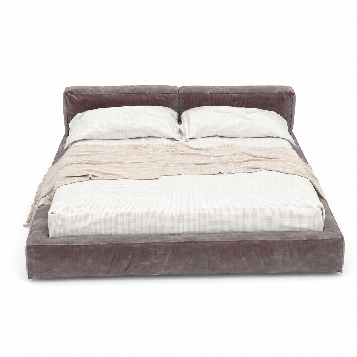 Muted Burgundy Fabric Bed with Split Cushion Headboard 3D Model 3