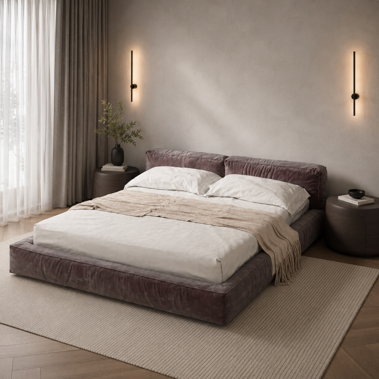 Muted Burgundy Fabric Bed with Split Cushion Headboard 3D Model 4