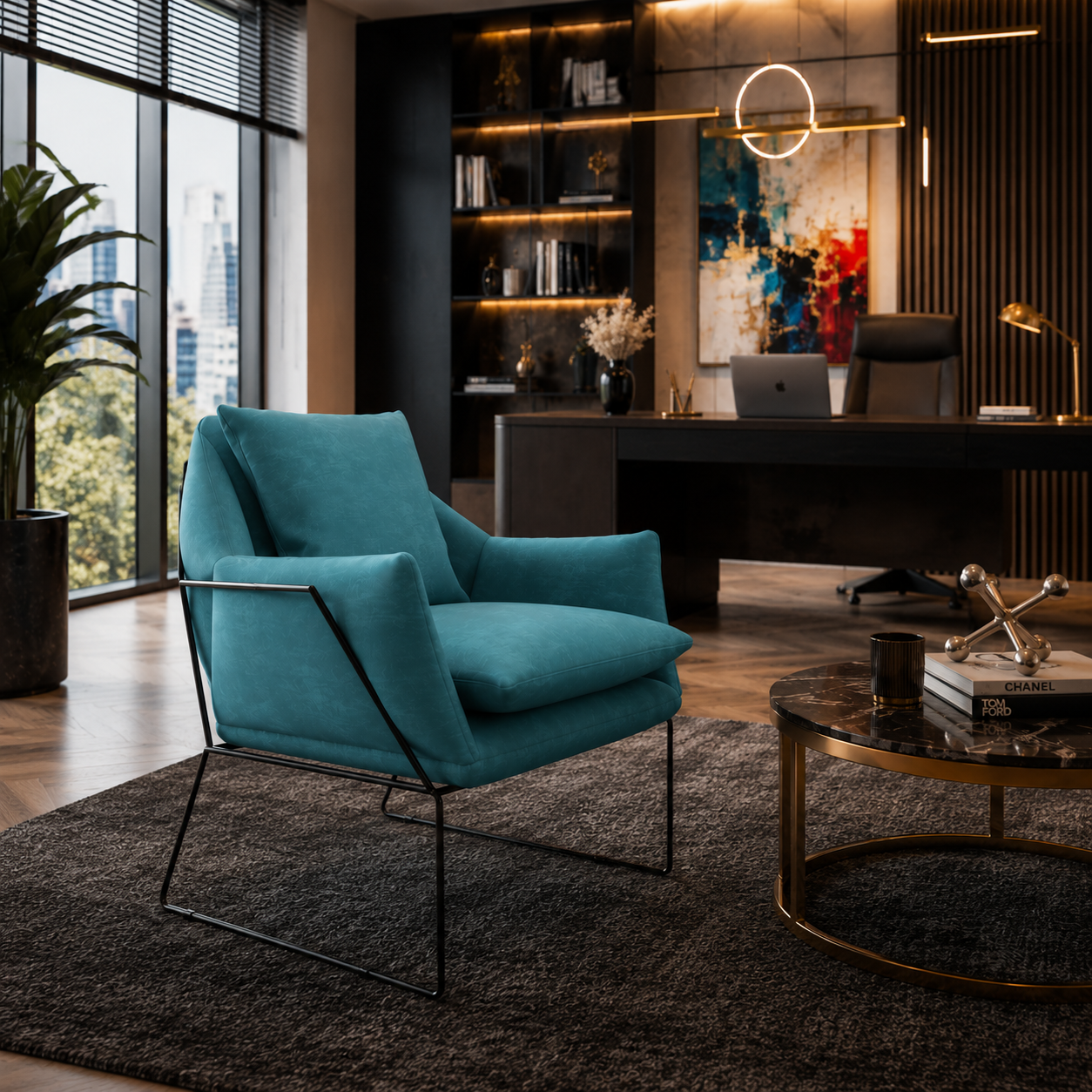 Turquoise Armchair with Black Sled Metal Frame 3D Model 4