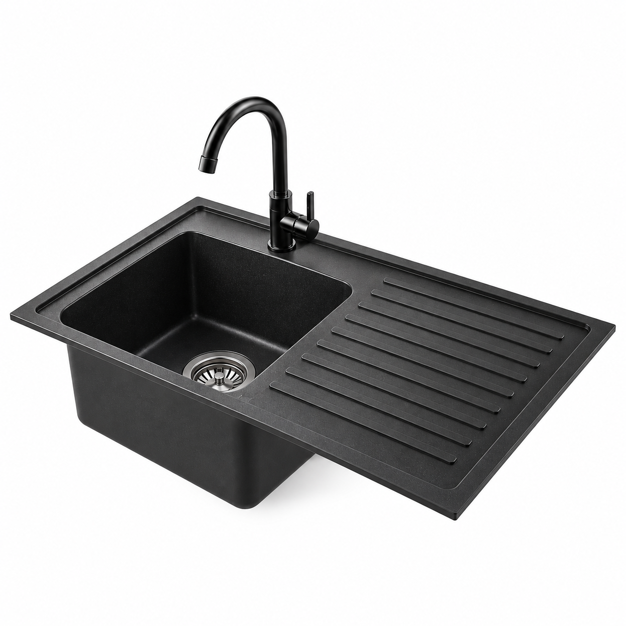 Matte Black Kitchen Sink with Drainboard 3D Model 3