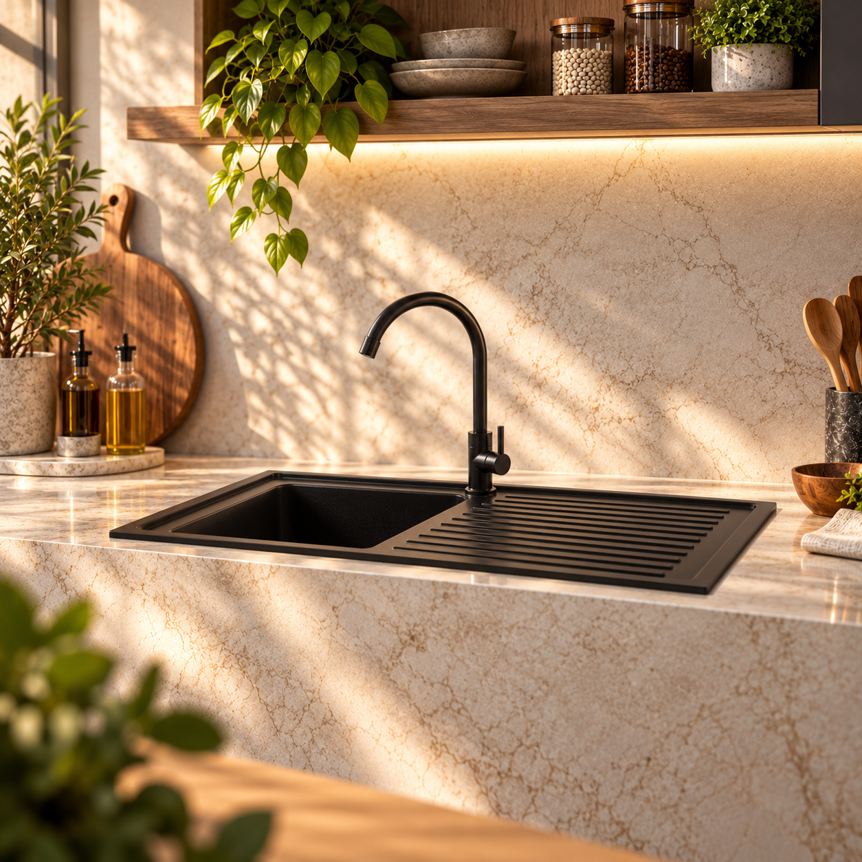 Matte Black Kitchen Sink with Drainboard 3D Model 2