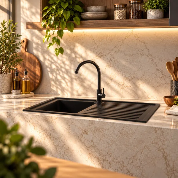 Matte Black Kitchen Sink with Drainboard 3D Model back