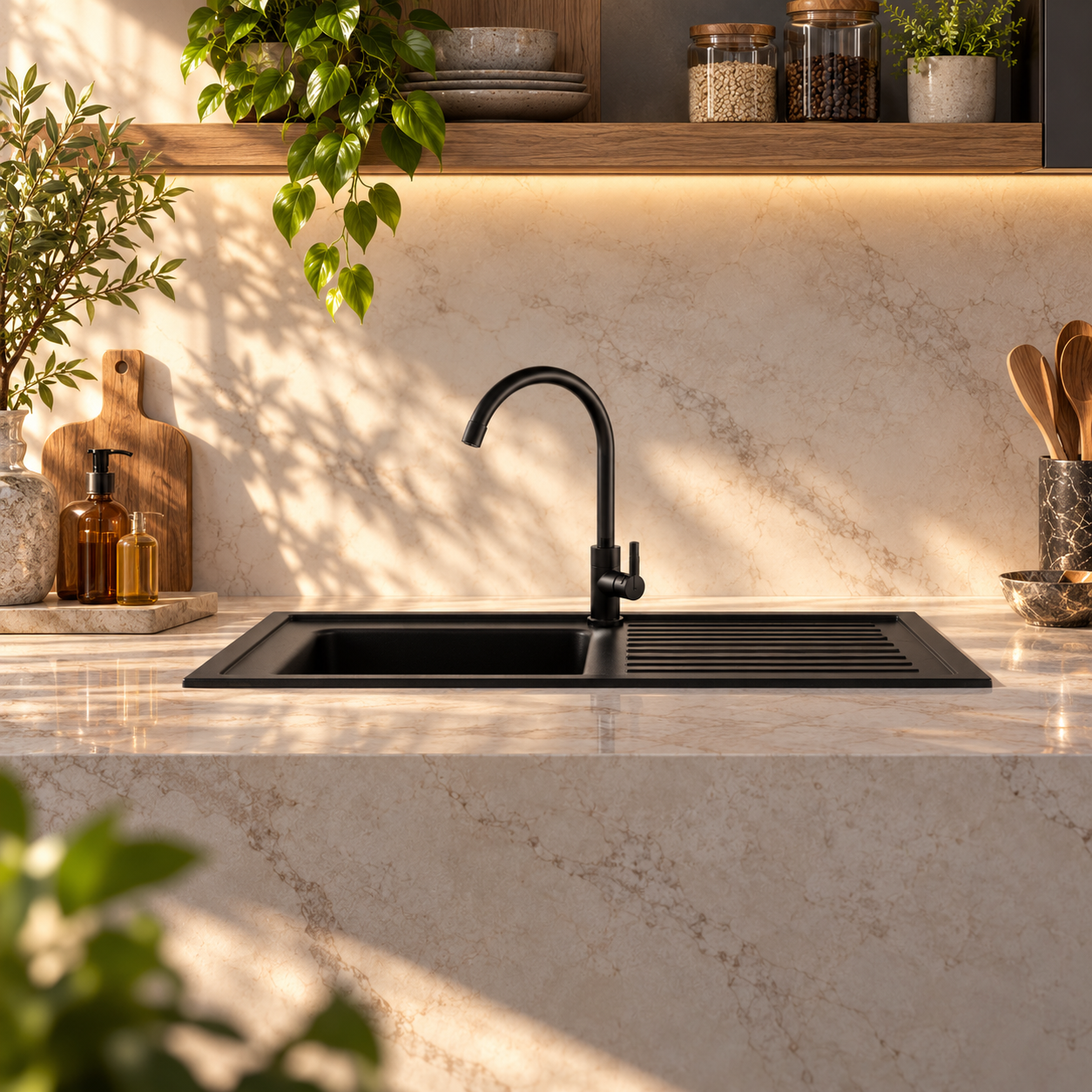 Matte Black Kitchen Sink with Drainboard 3D Model 4