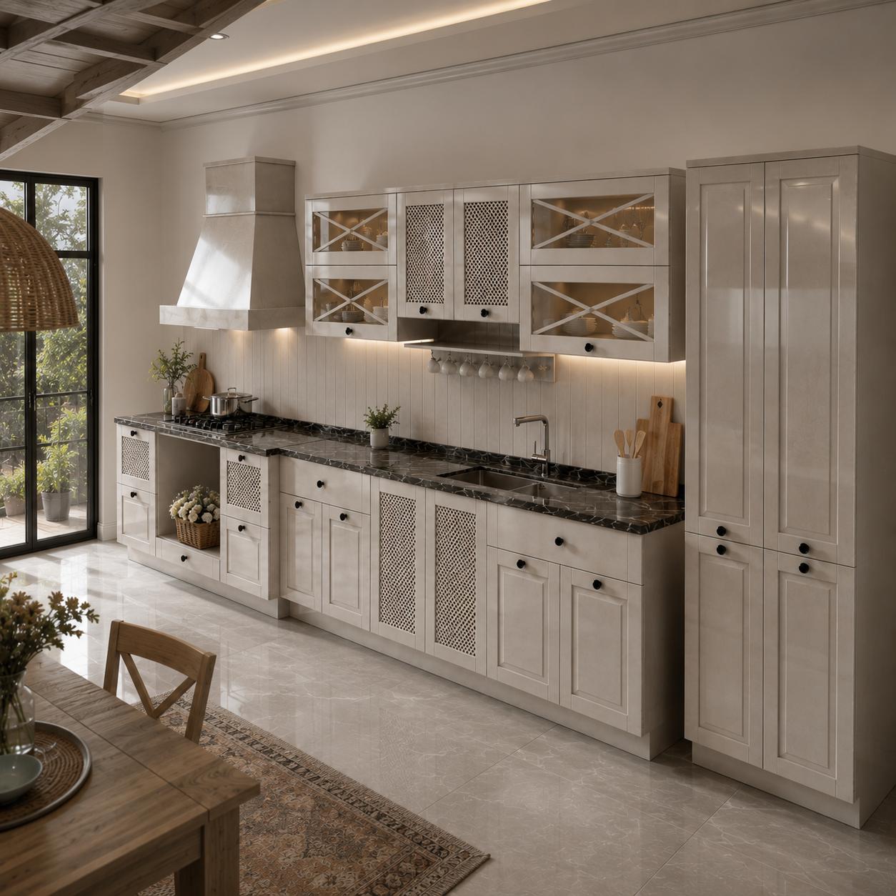 Ivory Full Kitchen – X-Braced Glass & Lattice Panels 3D Model 3