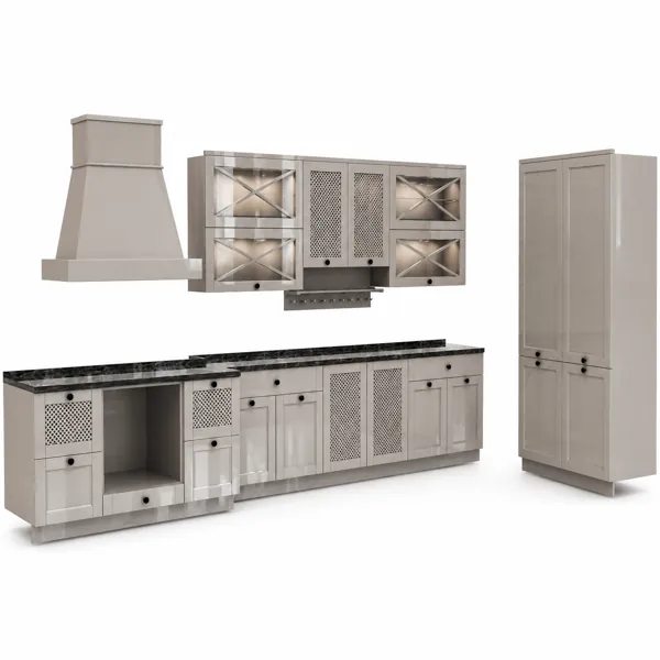 Ivory Full Kitchen – X-Braced Glass & Lattice Panels 3D Model