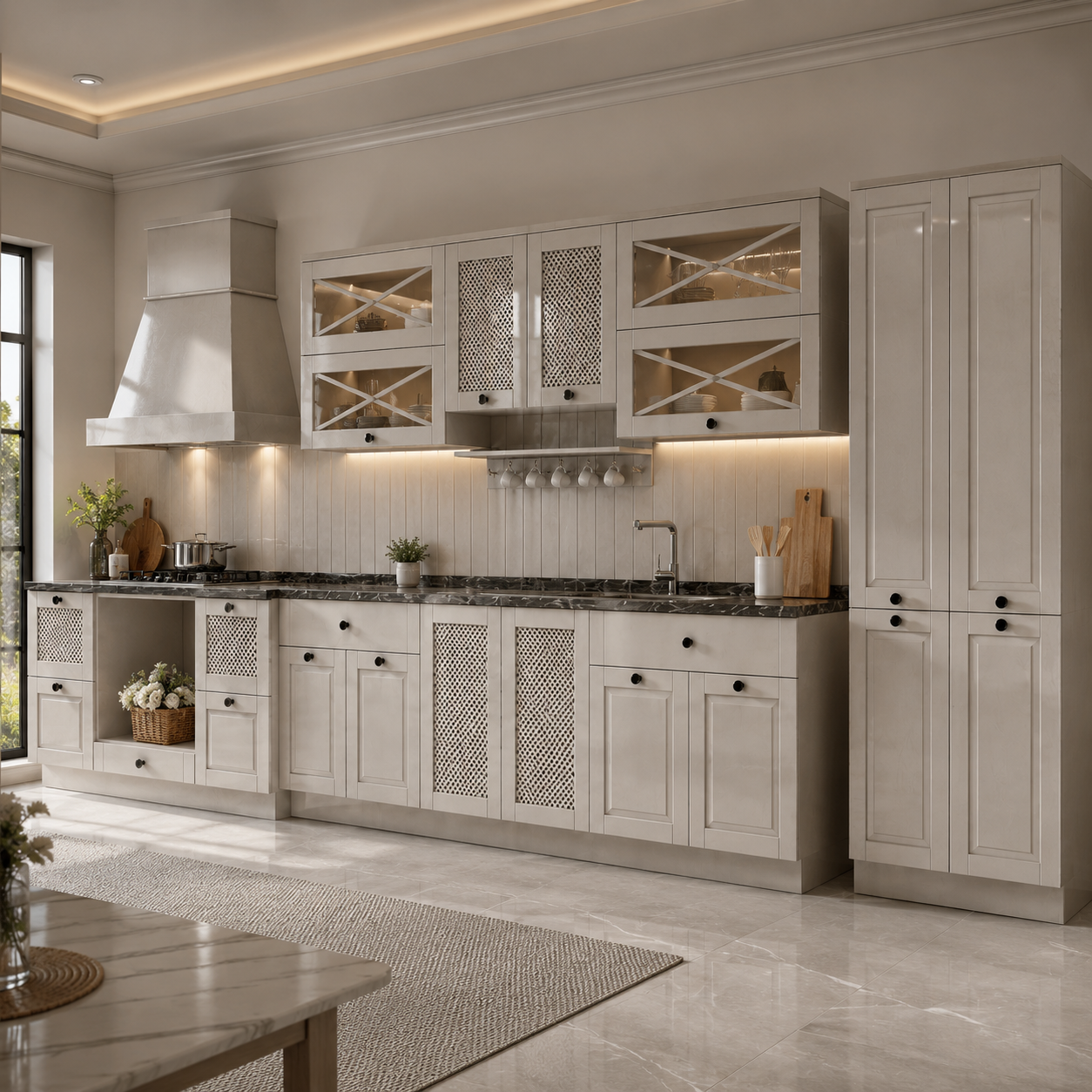 Ivory Full Kitchen – X-Braced Glass & Lattice Panels 3D Model 2