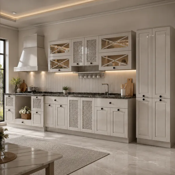 Ivory Full Kitchen – X-Braced Glass & Lattice Panels 3D Model back