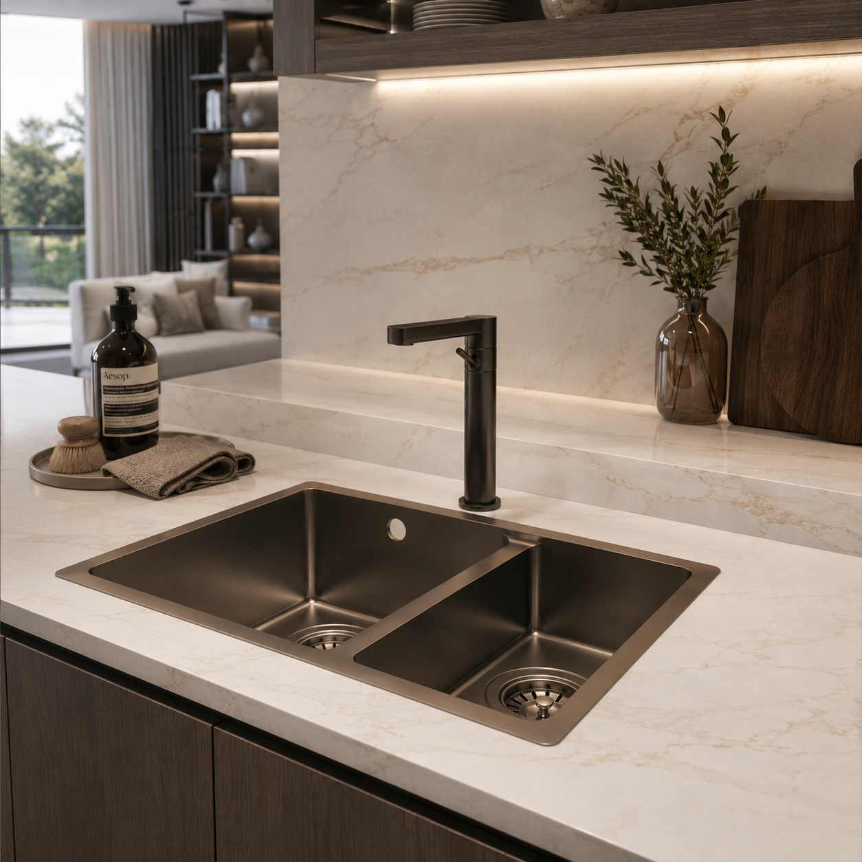 Double-Bowl Kitchen Sink – Brushed Dark Metal 3D Model 2