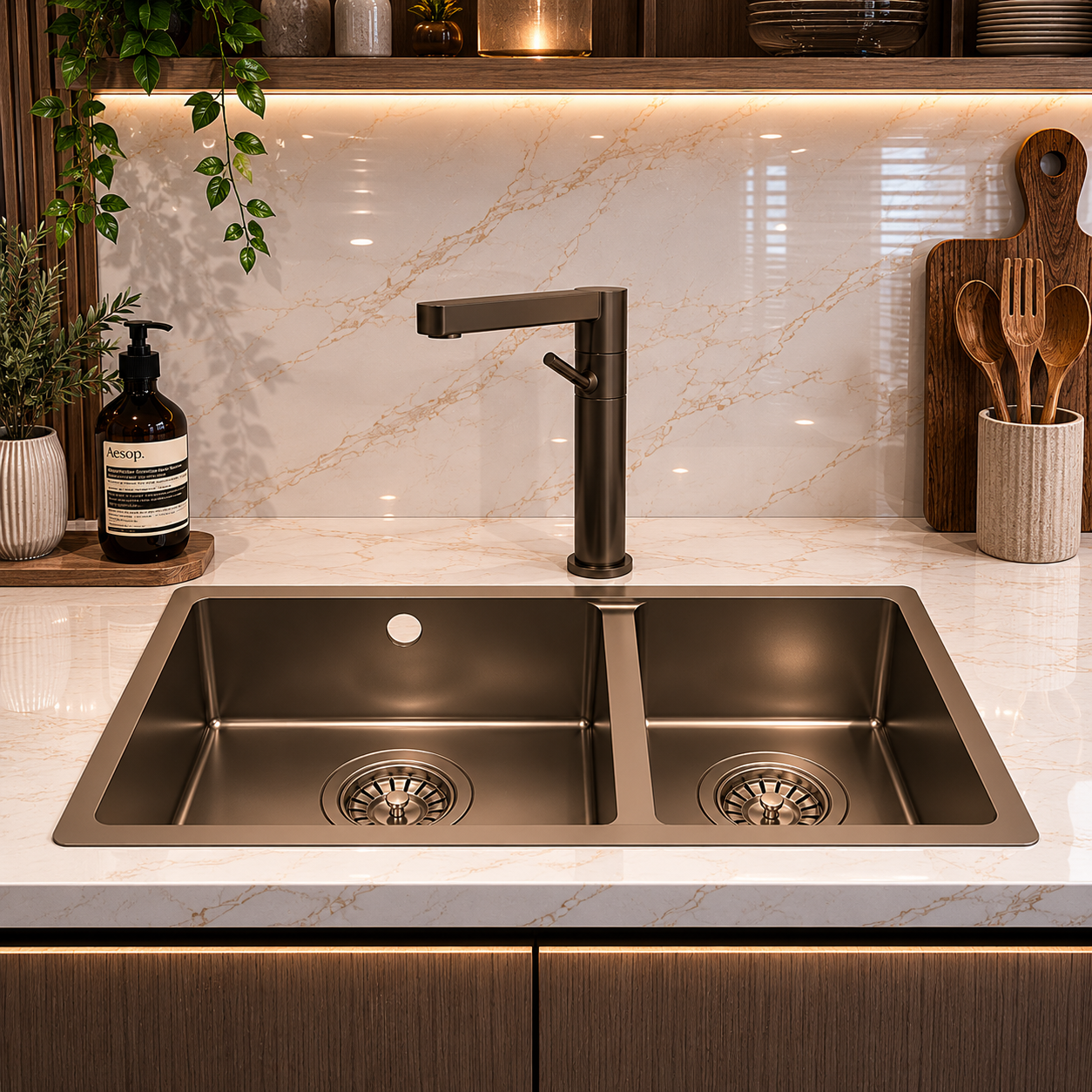 Double-Bowl Kitchen Sink – Brushed Dark Metal 3D Model 4