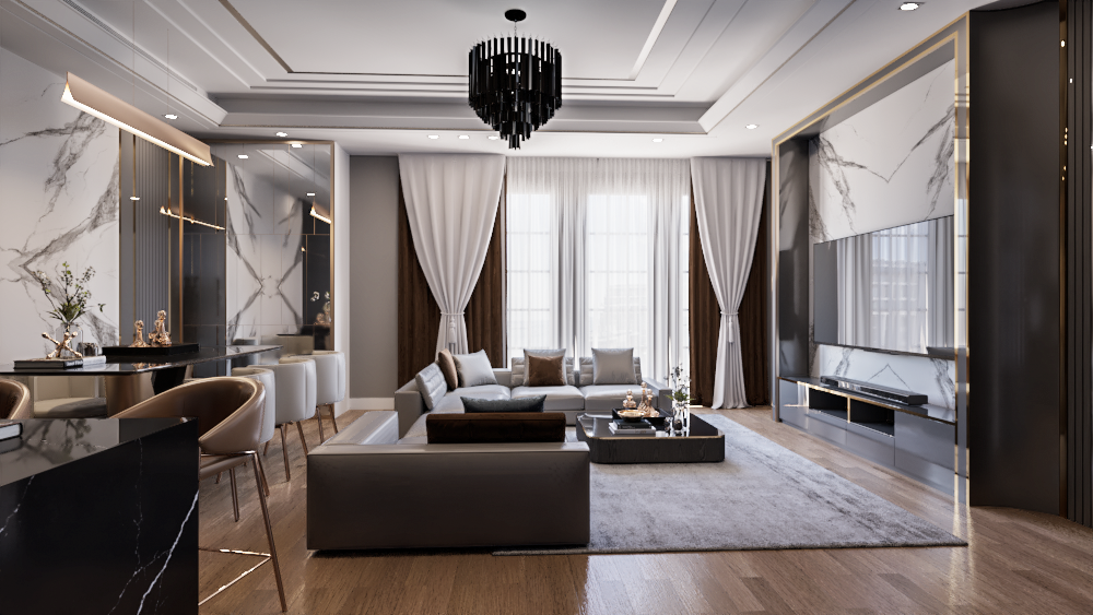 Modern Luxury Open-Concept Living Room | Contemporary Interior Design | Photorealistic 3D Architectural Rendering
